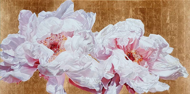 Original acrylic painting by floral artist Sarah Caswell. Tree peonies in bright sunshine on gold leaf