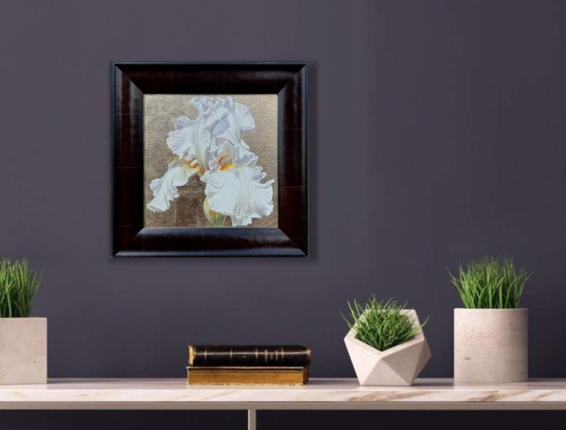 Framed original acrylic painting by Sarah Caswell, Wisdom, Hope and Valour IV, in a home setting.