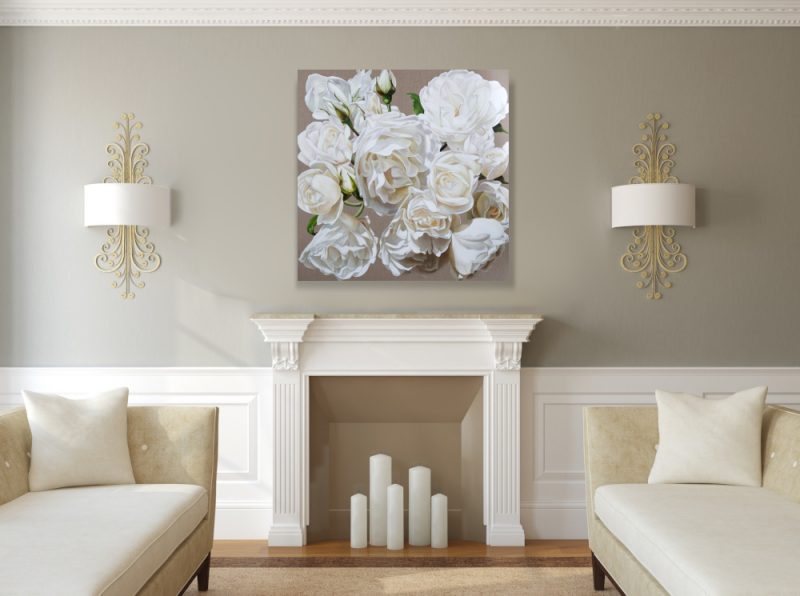 Print of original acrylic painting by Sarah Caswell of white roses in bright sunshine on a linen background. Shown in a home living room setting.