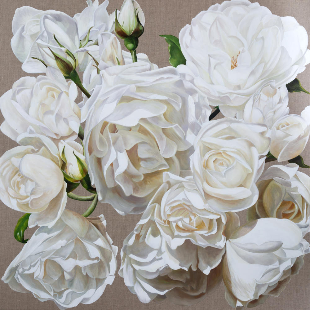 Print of original acrylic painting by Sarah Caswell of white roses in bright sunshine on a linen background.