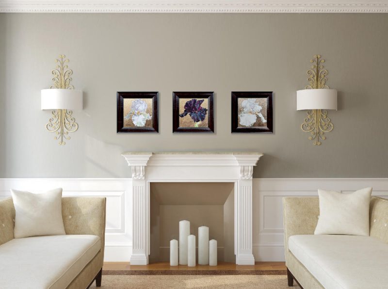 Wisdom, Hope & Valour XI, III, XII. Original acrylic paintings by UK Floral Artist Sarah Caswell on canvas. Displayed in a white and grey home room setting.