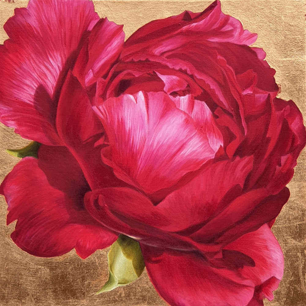 Single claret peony in bright sunshine on 23ct red gold leaf background. Original acrylic painting by UK Floral Artist Sarah Caswell on canvas.