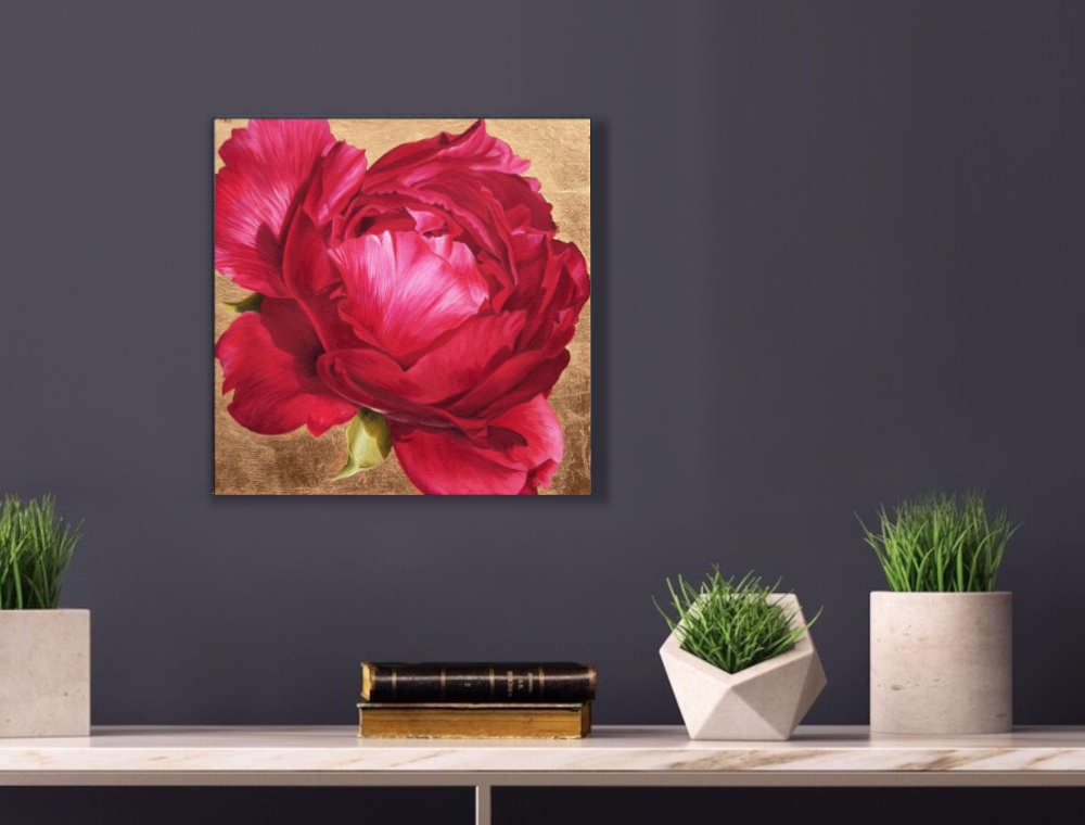 Single claret peony in bright sunshine on 23ct red gold leaf background. Original acrylic painting by UK Floral Artist Sarah Caswell on canvas. Displayed on a purple interior wall.