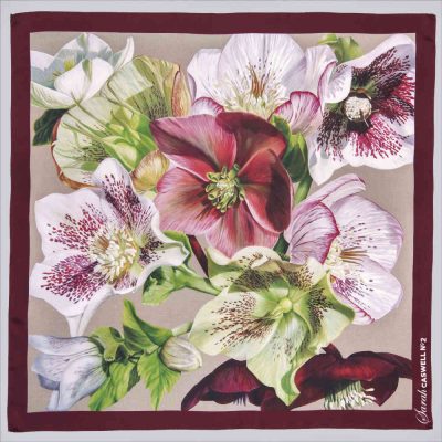 Silk scarf depicting the painting ‘Hellebore Rhapsody’ 2019 by Sarah Caswell 100% Italian printed silk.