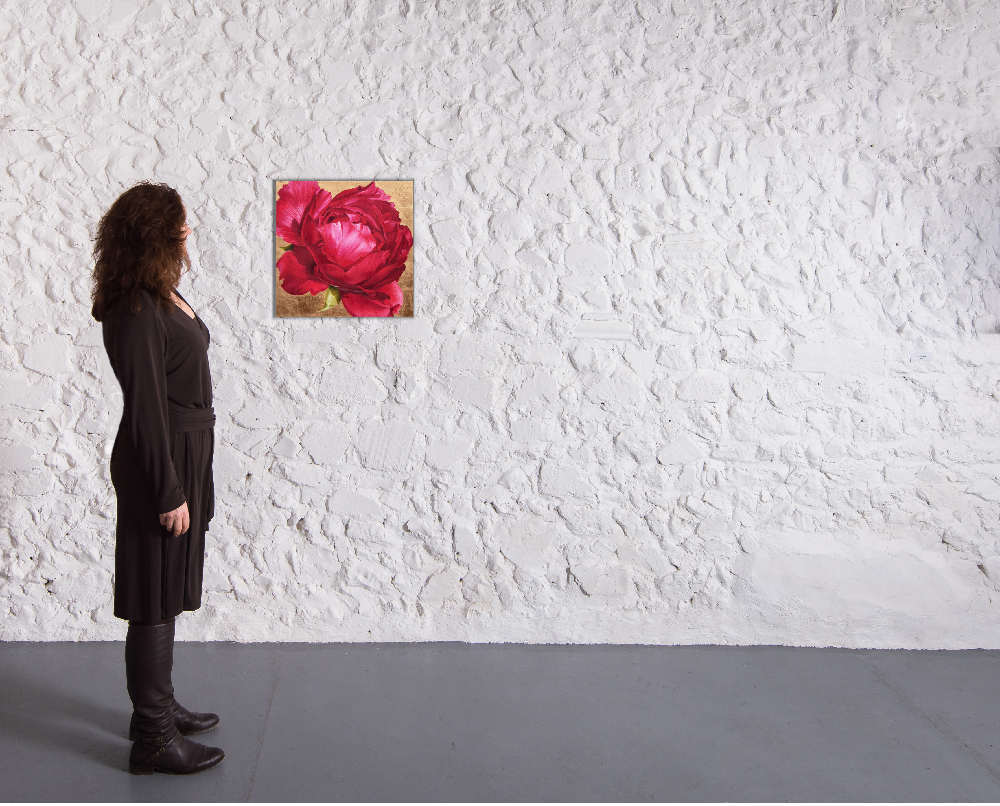 Single claret peony in bright sunshine on 23ct red gold leaf background. Original acrylic painting by UK Floral Artist Sarah Caswell on canvas. In a gallery setting.