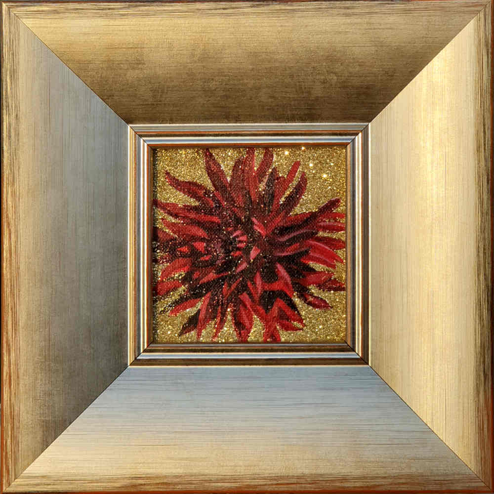 Artist Support pledge #13. Dark magenta dahlia on gold coloured glitter background. Original acrylic sketch by UK Floral Artist Sarah Caswell on canvas board. Framed in silver gilt.