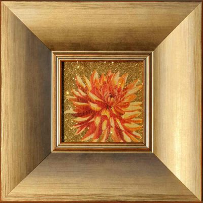 Artist Support pledge #14. Orange dahlia on gold coloured glitter background. Original acrylic sketch by UK Floral Artist Sarah Caswell on canvas board. Framed in silver gilt.