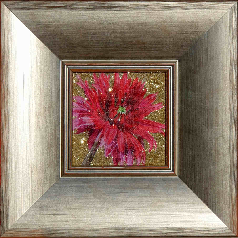 Artist Support pledge #1. Pink dahlia on gold coloured glitter background. Original acrylic sketch by UK Floral Artist Sarah Caswell on canvas board.
