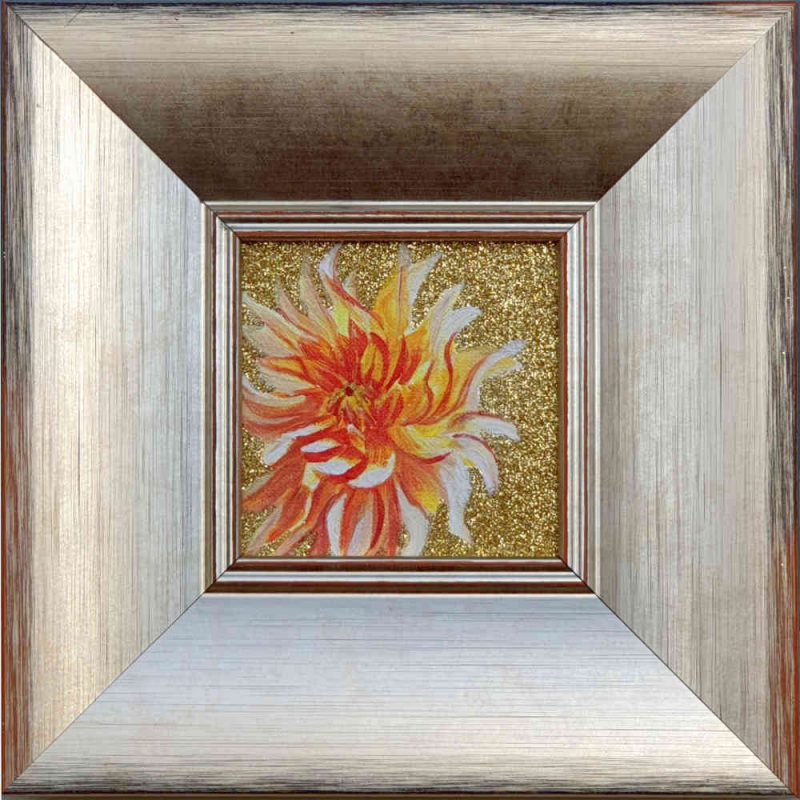 Artist Support pledge #2. Orange dahlia on gold coloured glitter background. Original acrylic sketch by UK Floral Artist Sarah Caswell on canvas board.