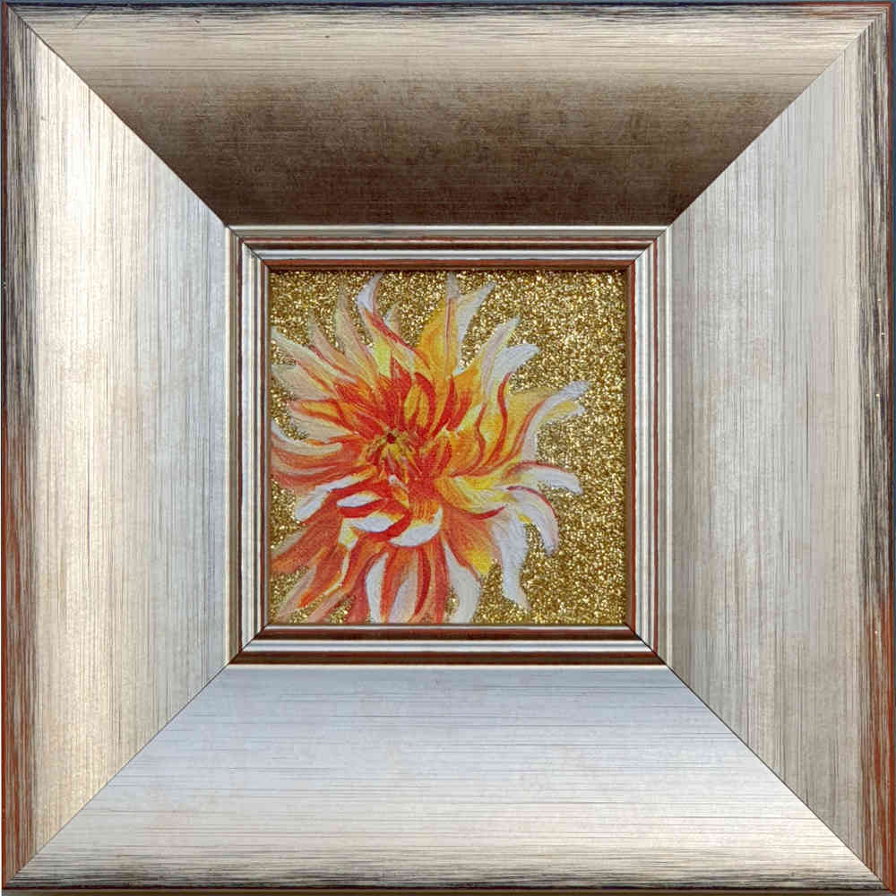 Artist Support pledge #2. Orange dahlia on gold coloured glitter background. Original acrylic sketch by UK Floral Artist Sarah Caswell on canvas board.