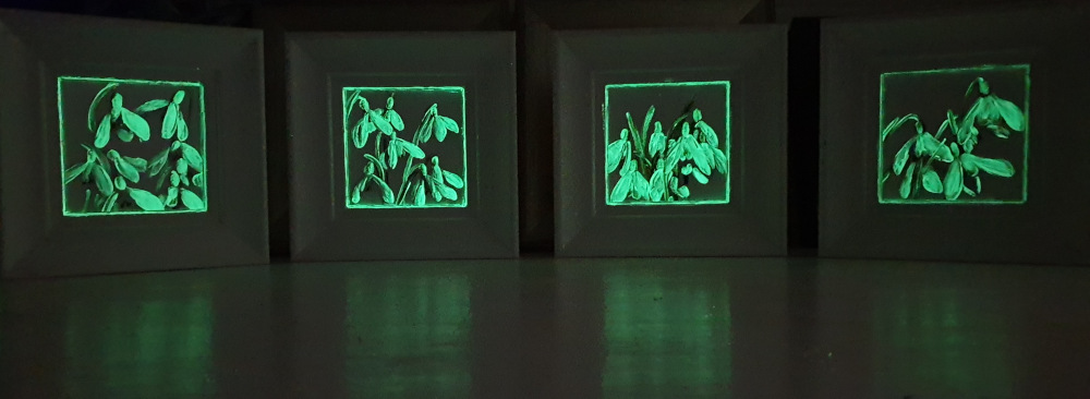 Artist Support pledge #9, Artist Support pledge #10, Artist Support pledge #11, Artist Support pledge #12. White snowdrops in glow in the dark paint. Original acrylic sketch by UK Floral Artist Sarah Caswell on canvas board.