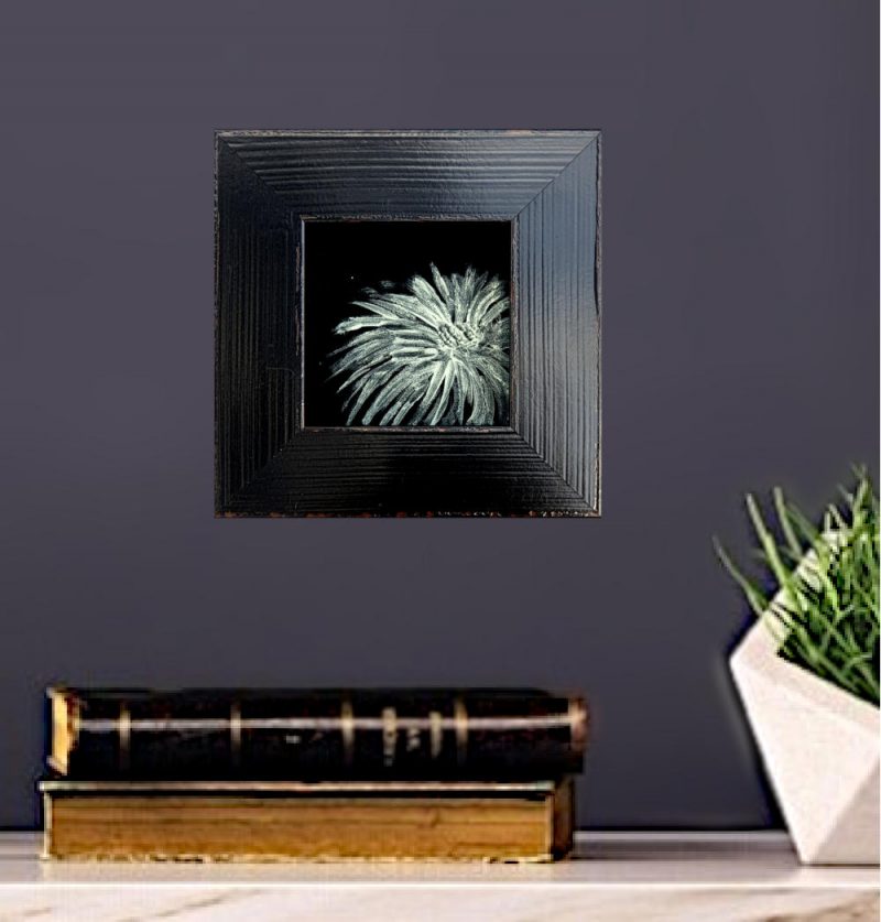 Artist Support pledge #7. White shasta daisy on deep black background. Original acrylic sketch by UK Floral Artist Sarah Caswell on canvas board. Shown on a purple interior wall.