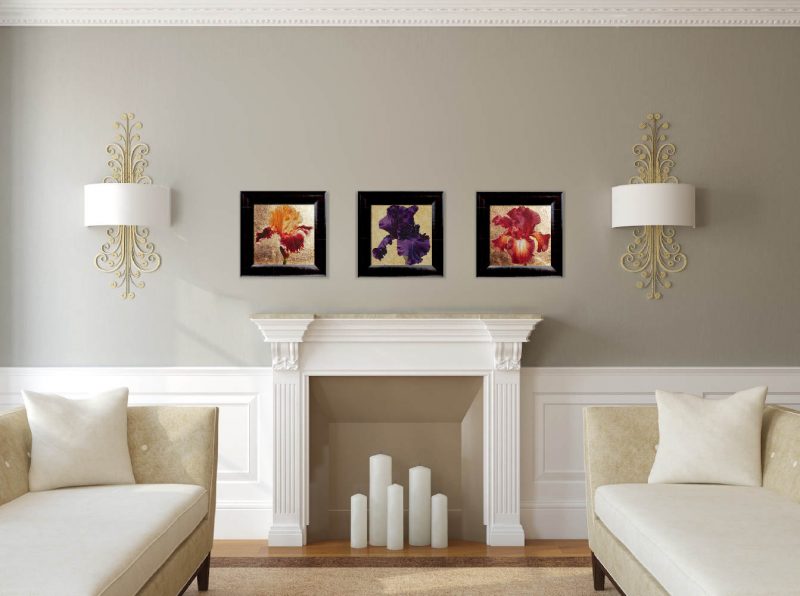 Wisdom, Hope & Valour XX, XVI and XIX Original acrylic paintings by UK Floral Artist Sarah Caswell on canvas. Displayed in a white and grey home room setting.