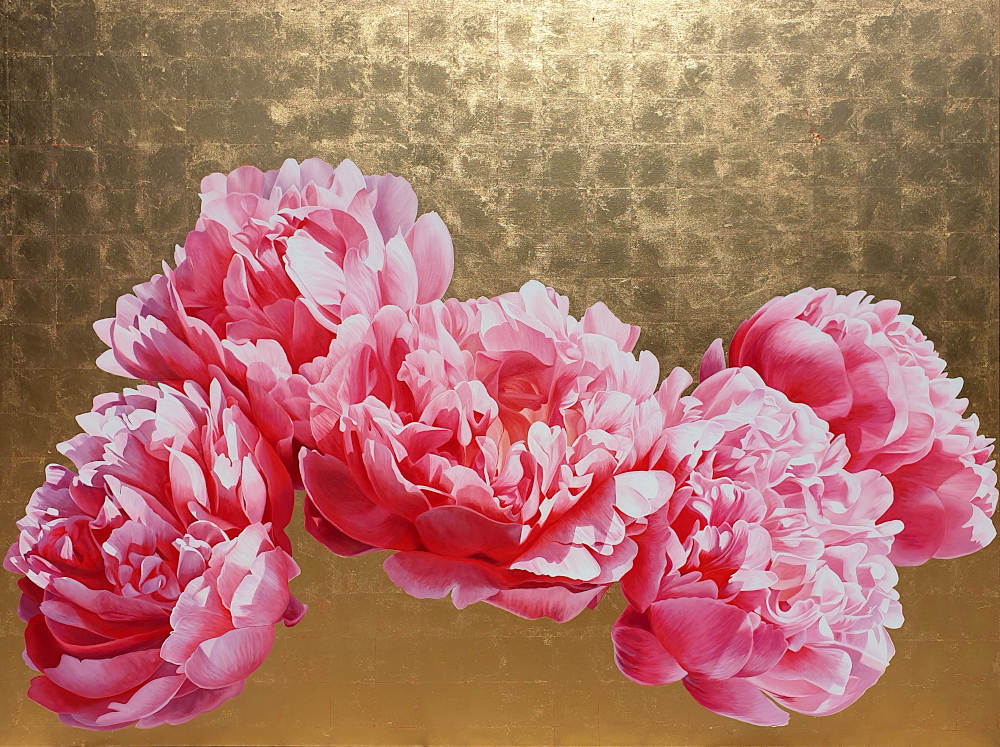 Original painting of Coral Charm peonies on gold leaf background