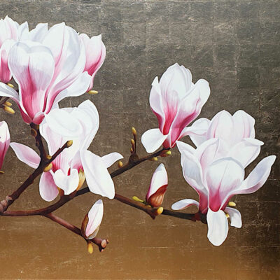 Canvas print of a white magnolia on a gilded background