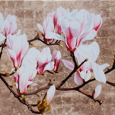 Canvas print of a white magnolia on a gilded background