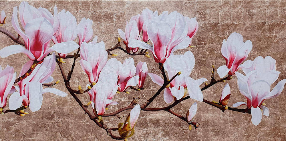 Canvas print of a white magnolia on a gilded background