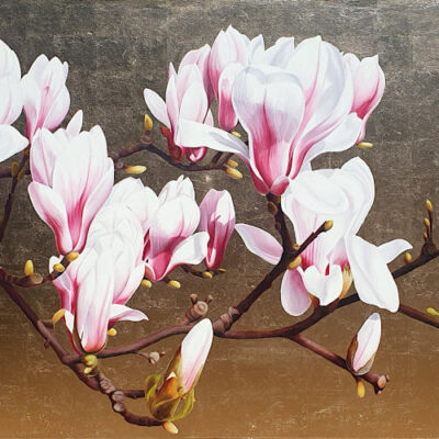 White and pink soulangeana magnolia bough on gold leaf background. Original acrylic painting