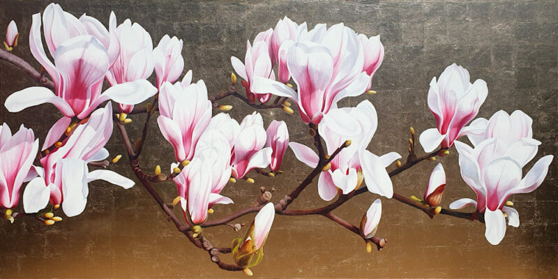 White and pink soulangeana magnolia bough on gold leaf background. Original acrylic painting